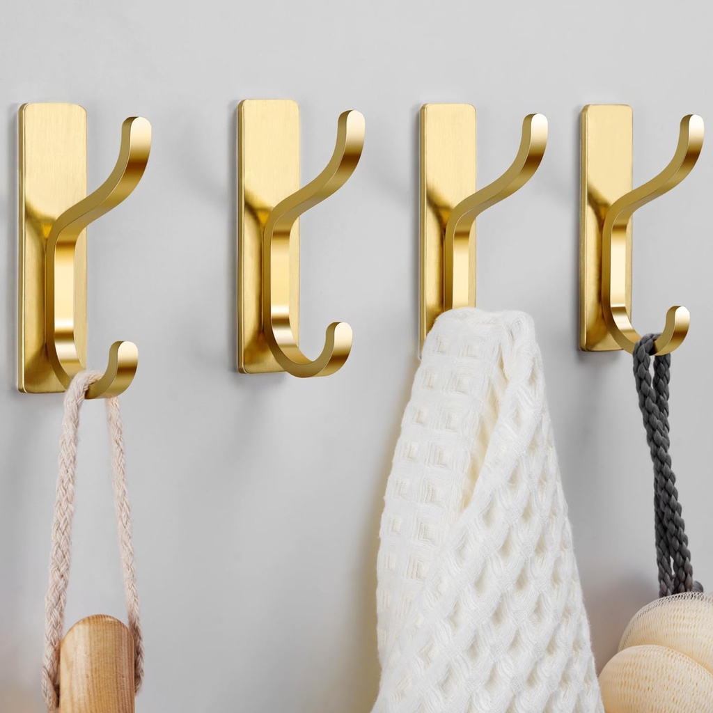 Gold Adhesive Wall Hooks for Hanging - Heavy Duty 13 lb Sticky Towel Hook for Bathroom, Door, Closet, Dorm, RV, Kitchen, Hanger for Coats, Bags, Keys, Purse, Clothes - Stainless Steel, 4 Pack