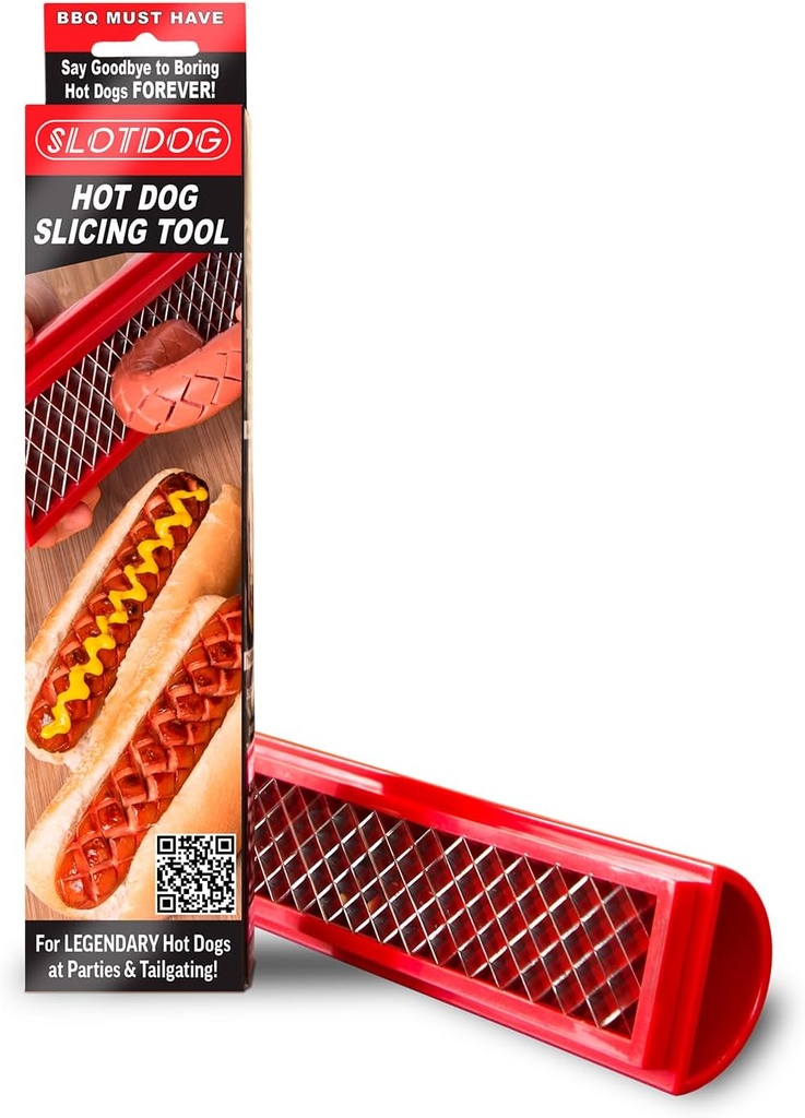 SLOTDOG - Hot Dog Slicing Tool - Stainless Steel Cutter Blades for Kitchen, Grilling, Tailgating, Camping and Backyard Outdoor BBQ - 10 inch - Red