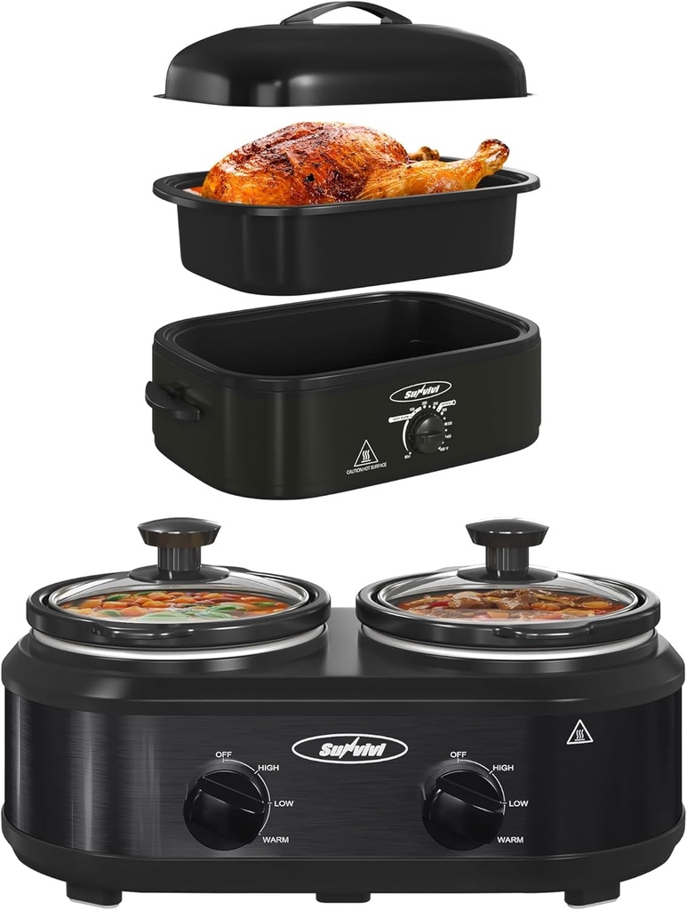 Sunvivi 14-Quart Electric Roaster Oven with Self-Basting Lid And Double Slow Cooker,Turkey Roaster Oven with Removable Pan and Rack,2 Pot Small Mini Crock Buffet Servers and Warmer.