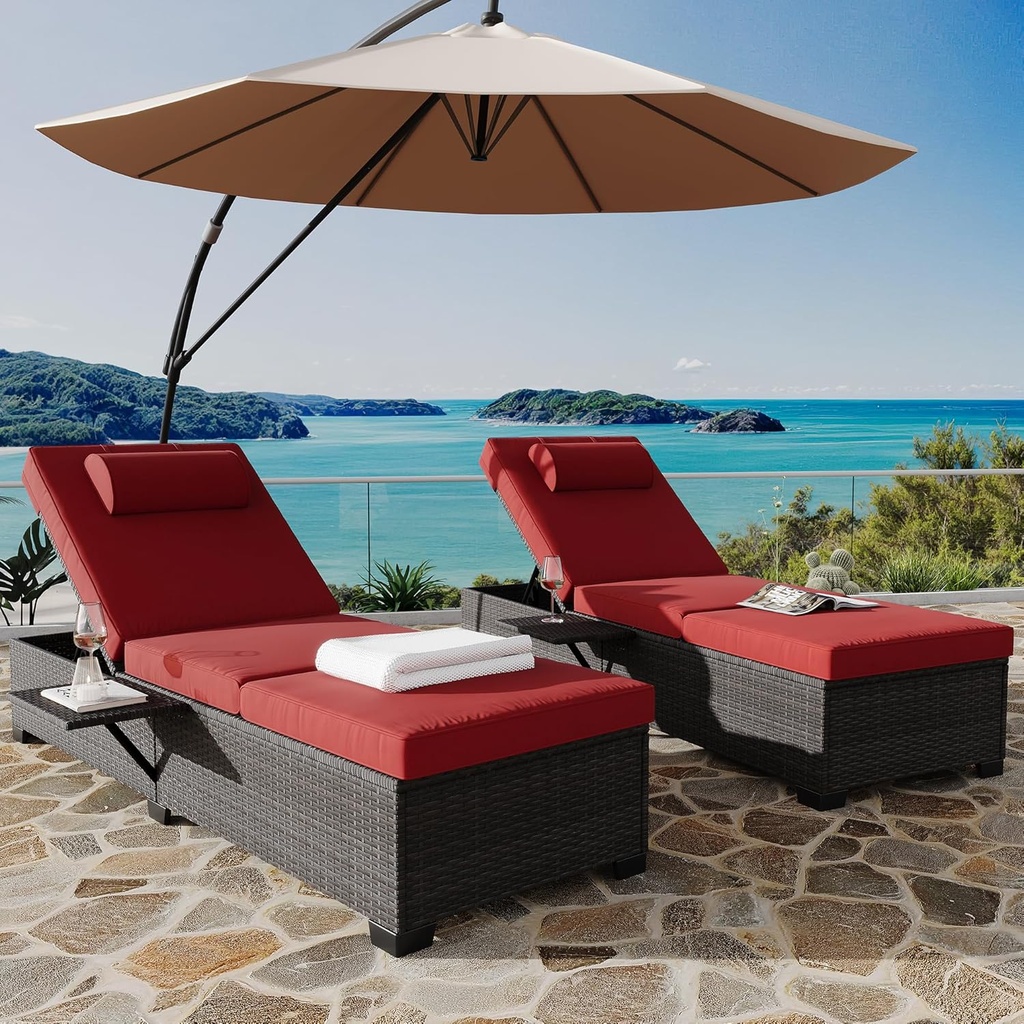 2 Pcs Outdoor PE Wicker Chaise Lounge Chairs, Pool Lounge Chairs Adjustable Backrest Recliners, Rattan Patio Chaise Lounger Set