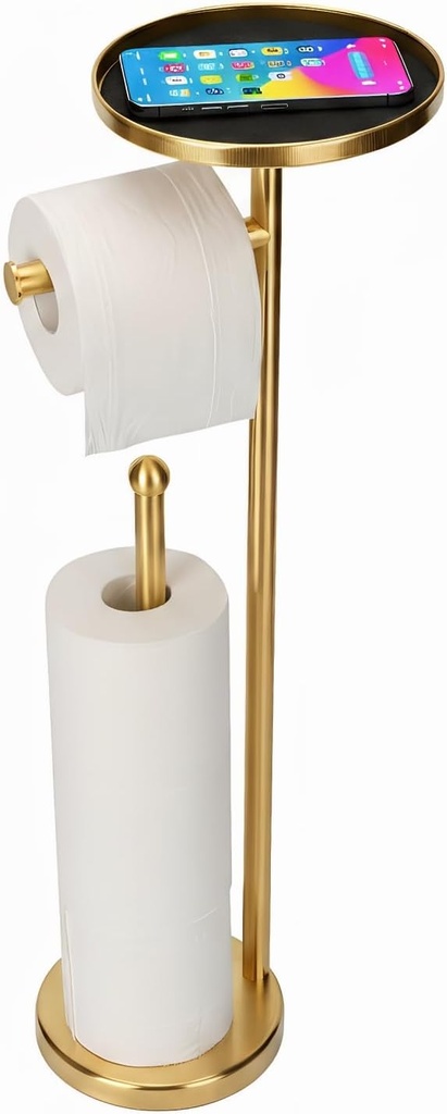Toilet Paper Holder, Freestanding Toilet Paper Hoder with Shelf On The Top, Toilet Paper Holder Stand Storage Space for 4 Extra Toilet Paper Rolls (Gold)