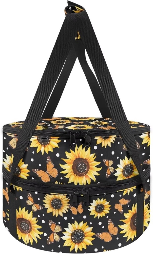 Double Decker Pie Carrier Insulated Casserole Carrier Round Cake Dish Transport Carrier Bag with Lid and Handle for Travel Potluck Picnic, Yellow Sunflower Butterfly Black