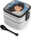 A Beautiful Woman Bento Box with Compartments Double Layer Bento Lunch Box with Spoon And Handle All-in-One Adult Lunchbox Leakproof Lunch Container for Work Picnic Travel