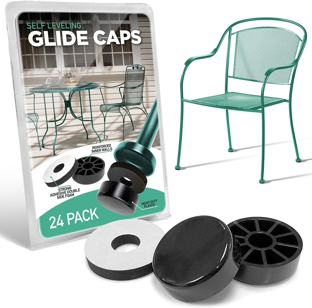 Wrought Iron Patio Furniture Feet Caps (24 Pack, Black) - 1.5" Round Patio Furniture Feet Protectors, Outdoor Chair Glides, Outdoor Sliders for Chairs & Tables