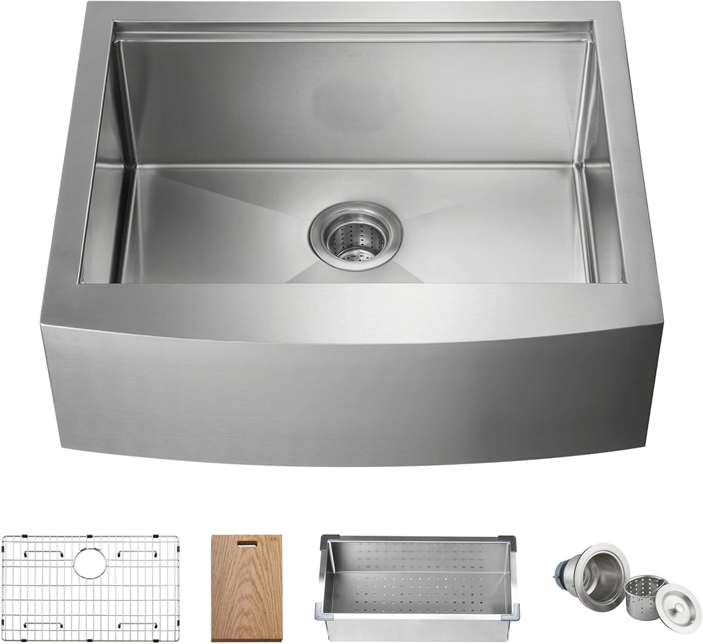 KIBI 27-Inch Farmhouse Kitchen Sink, Single Bowl Apron Front Workstation with Bottom Grid, Strainer, Cutting Board & Colander | Stainless Steel 10" Deep Bowl, 3.5" Drain Opening (K1-SF27T)