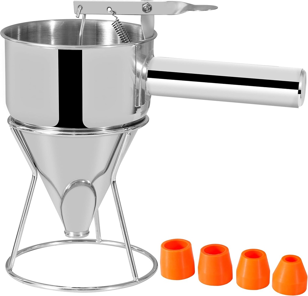 Pancake Batter Dispenser, Funnel Cake Maker for Cupcake Waffle and Takoyaki Batter, Stainless Steel Funnel with Stand and Multifunctional Nozzles