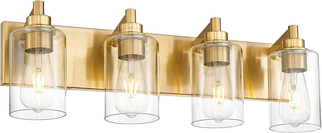 4-Light Bathroom Light Fixtures, Brushed Gold Vanity Light with Cylinder Clear Glass Shade, Modern Vanity Lighting Fixtures Over Mirror, VL143-BG-4