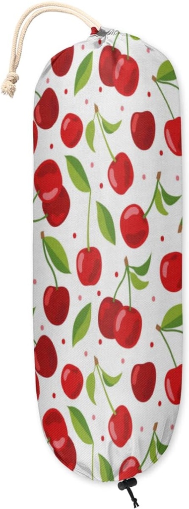 Cherry Print Plastic Bag Holder Grocery Bag Holder Large Wall Mount Garbage Plastic Bag Organizer Drawstring Adjustment for Kitchen, 22x9" in