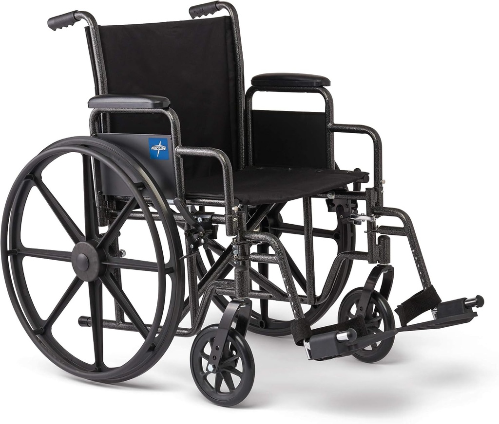 Medline Comfortable Folding Wheelchair with Swing-Back Desk-Length Arms and Swing-Away Footrests, 18”W x 16X”D Seat