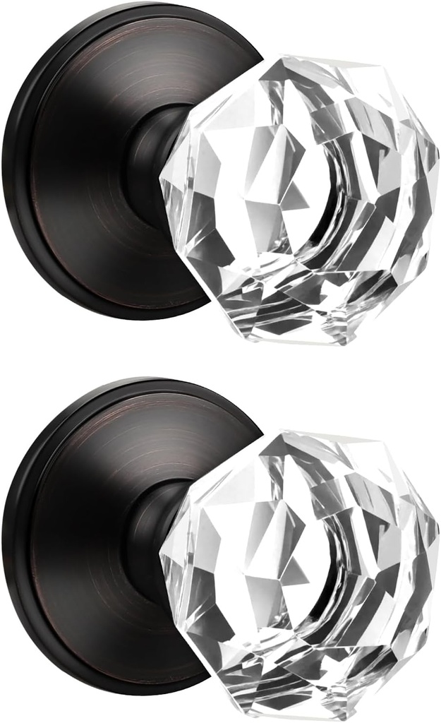 2 Pack Clear Crystal Door Knob, Inspired Decorative Oil Rubbed Bronze Door Knobs for Interior Doors, Unique Fancy Glass Dummy Knobs for Closets and Storerooms