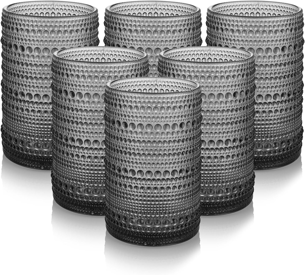 Hobnail Drinking Glasses Set of 6,15 oz Vintage Glassware Set Cocktail Glass Set, Embossed Grey Water Tumbler,for Beer, Whiskey,Juice and Various Mixed Drinks (15OZ Grey)