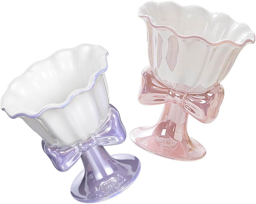 KICHOUSE 2pcs Ceramic Dessert Goblet Unique Bowknot Design Elegant Ice Cream Cups for Serving Yogurt and Footed Cup Collection