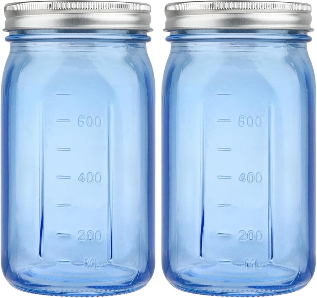 2 Pack Mason Jars 32 oz, Blue Wide Mouth Canning Jars with Airtight Lids, Glass Pint Jars with Bands Labels Brush, Large Storage Quart Jars for Jam Fermenting Preserving