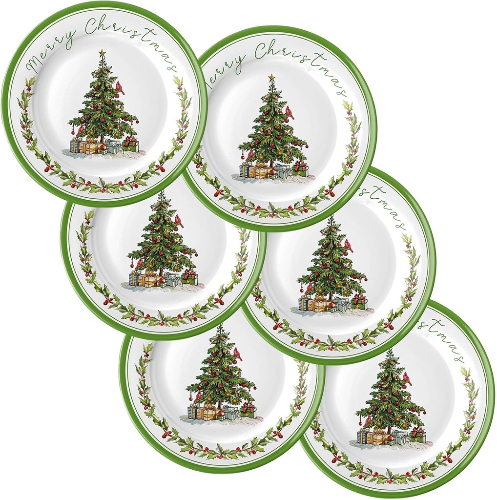 6 Pcs Christmas Dinner Plates Xmas Tree Melamine Dinnerware Green Plates Xmas Wreath Dishes Holiday Tableware for Dessert Salad Appetizer Birthday Party(Christmas Tree,8 Inches)