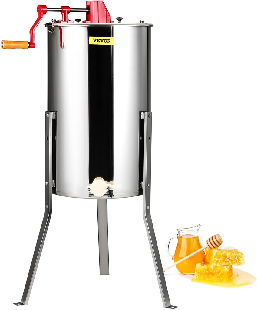 VEVOR 3 Frame Honey Extractor, Stainless Steel Manual Beekeeping Extraction, Honeycomb Drum Spinner with Transparent Lid, Apiary Centrifuge Equipment with Height Adjustable Stand