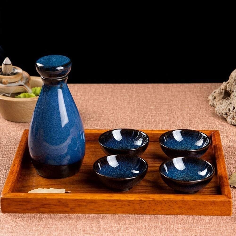 Japanese Sake Set 6 Pieces with Wooden Tray – Traditional Blue Porcelain Hand-Painted Sake Pot, 4 Cups, and Silicone Sealing Cover