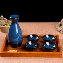 Japanese Sake Set 6 Pieces with Wooden Tray – Traditional Blue Porcelain Hand-Painted Sake Pot, 4 Cups, and Silicone Sealing Cover