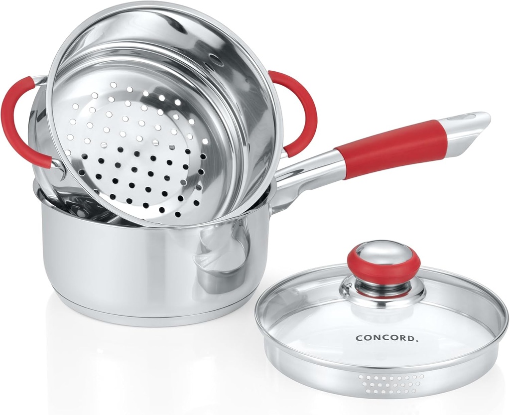 Concord Stainless Steel SIMPLE POUR Saucepan with Steamer Tier. Vented Glass Lid. Features Dual Pouring Spouts and Volume Marking on pot. Perfect for making Sauces, Jam, Ramen, and more (2 Quart)