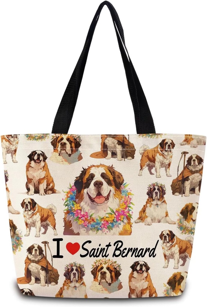 I Love Saint Bernard Tote Bag Reusable Grocery Bags Aesthetic Shopping Shoulder Handbag with Interior Zipper Pocket Stylish I Love Saint Bernard Present for Dog Mom Women