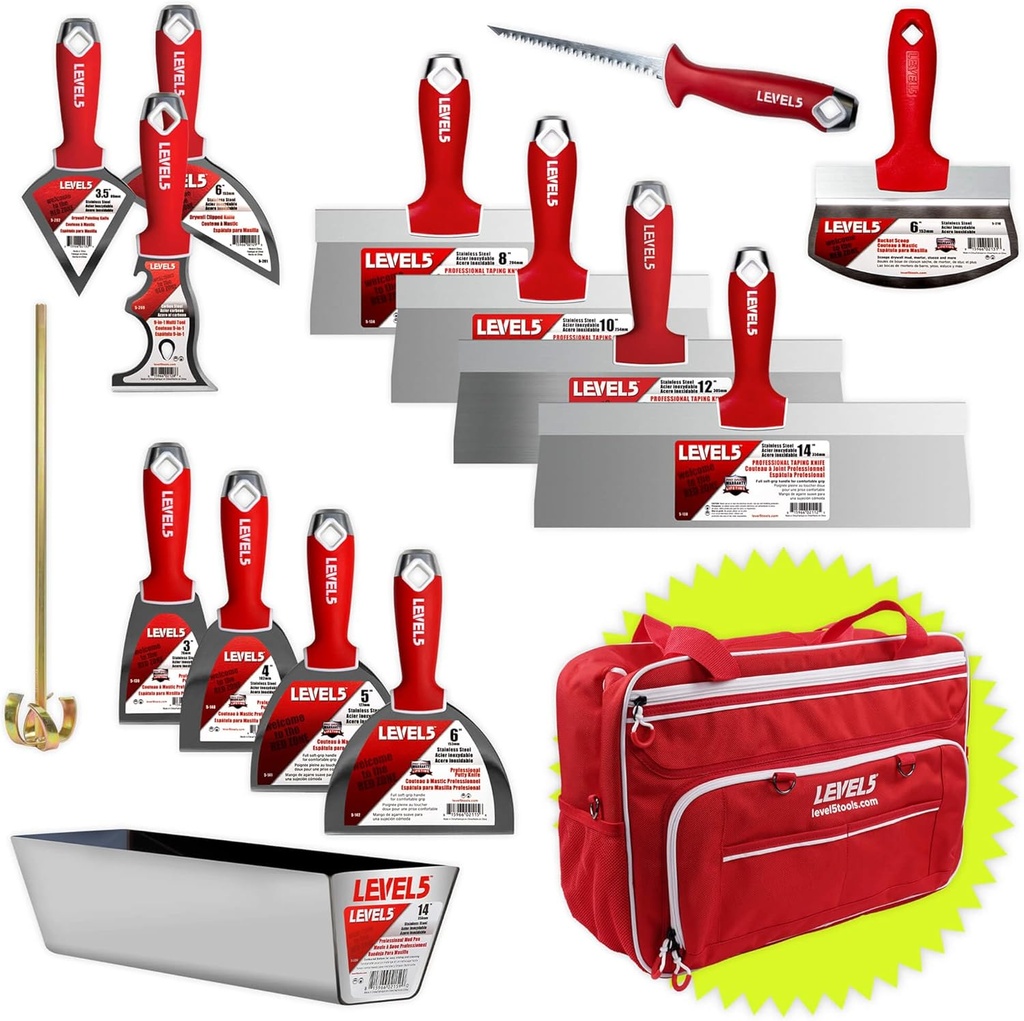 CONTRACTOR'S Hand Tool Set W/Bag - Premium Joint, Taping, & Specialty Knives, Mixer, Jab Saw, Mud Pan + Free Bag | 5-681