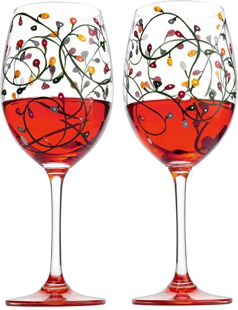 Christmas Themed Lights Stemmed Wine & Water Glasses - Holiday Artisanal Hand Painted Ornament Light Bulbs Glasses - Xmas Tree - Set of 2, 17.5oz - Santa Festive Theme Stemless Glass Gifts