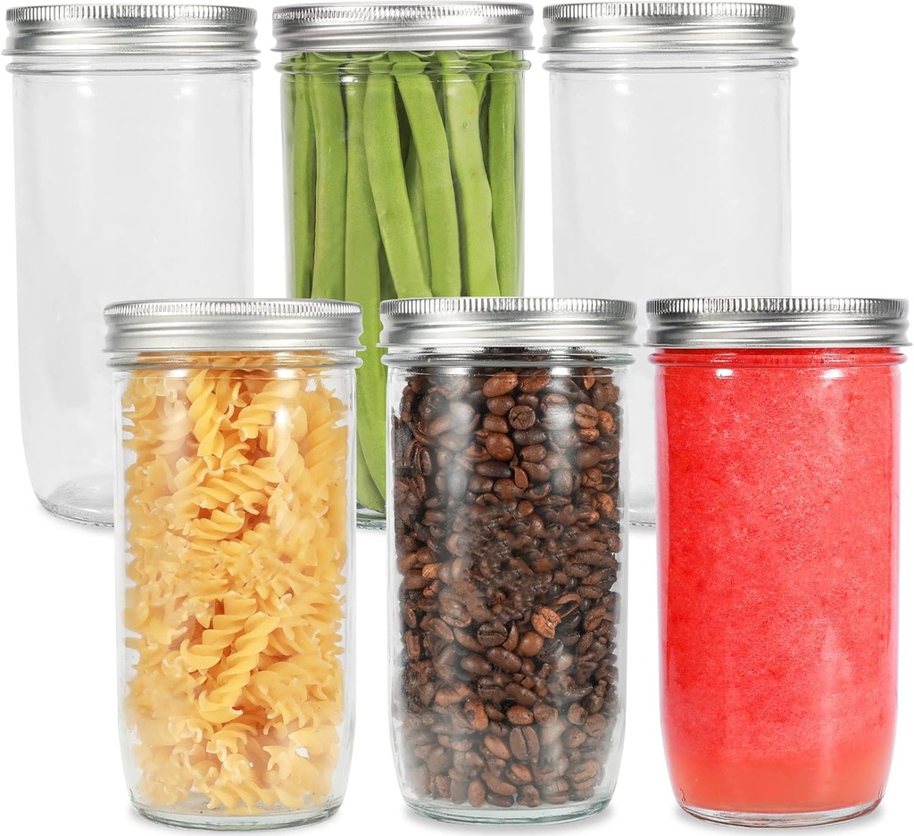 Mason Jars Wide Mouth 24oz, 6 pack Glass Pickle Canning Jars Food Storage With Airtight Mason Jar lids and Bands for Canning, Preserving, Fermenting, Pickling, DIY Projects