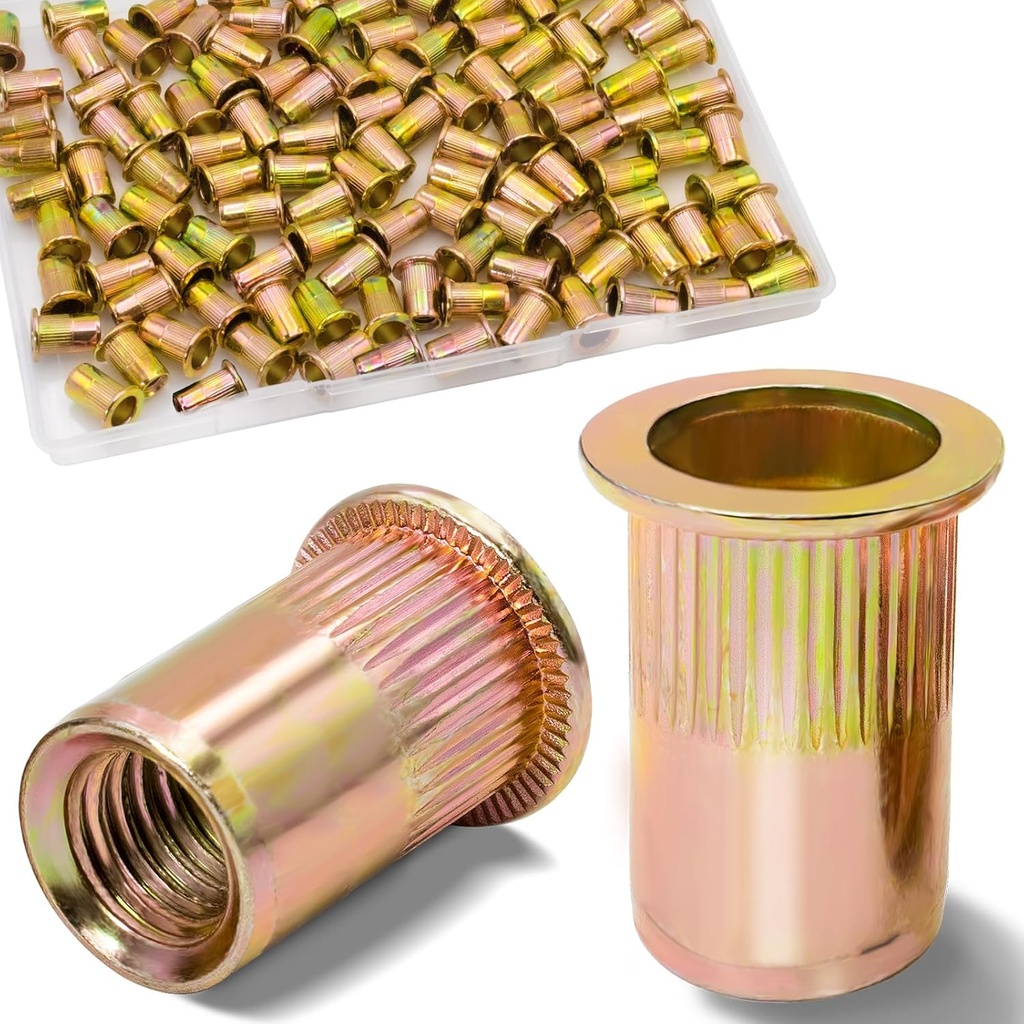 1/4 Rivet Nut, 115Pcs Carbon Steel Zinc Rivet Nuts 1/4-20, 1/4 20 Threaded Insert Rivnut, 1/4 UNC Rivets Nutsert, Flat Head 1/4 x 20 RIV Nuts