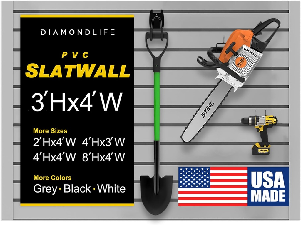 DLDIRECT 36" X 48" - Grey Slatwall Panel Garage Organizer: Heavy Duty Wall Mounted PVC Rack, Interlocking Slat Paneling for Garage Storage, Slotwall Board, Shelves System