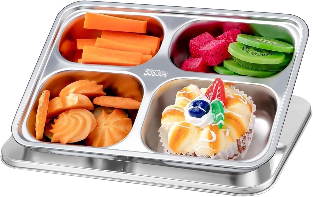 Stainless Steel Snack Containers with Lid – Plastic-Free 4-Compartment Metal Lunch, Bento Snack Boxes for Home, School, and Travel