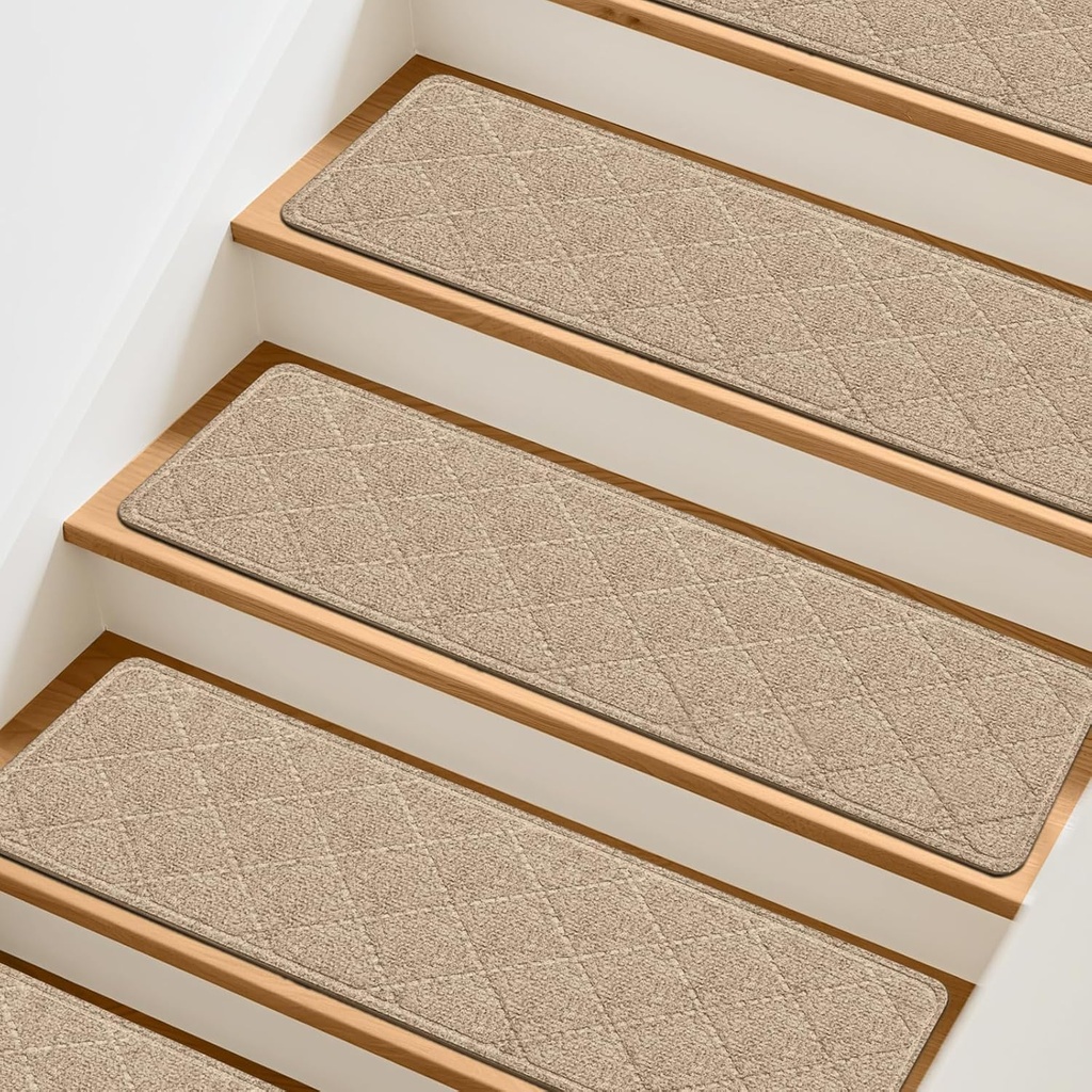 Stair Treads Non-Slip for Wooden Steps, 15Pack - 8" x 30" Edging Stair Runner Indoor for Kids Elders & Pets, Washable Carpet Stair Treads with Peel & Stick Reusable TPE Backing, Beige
