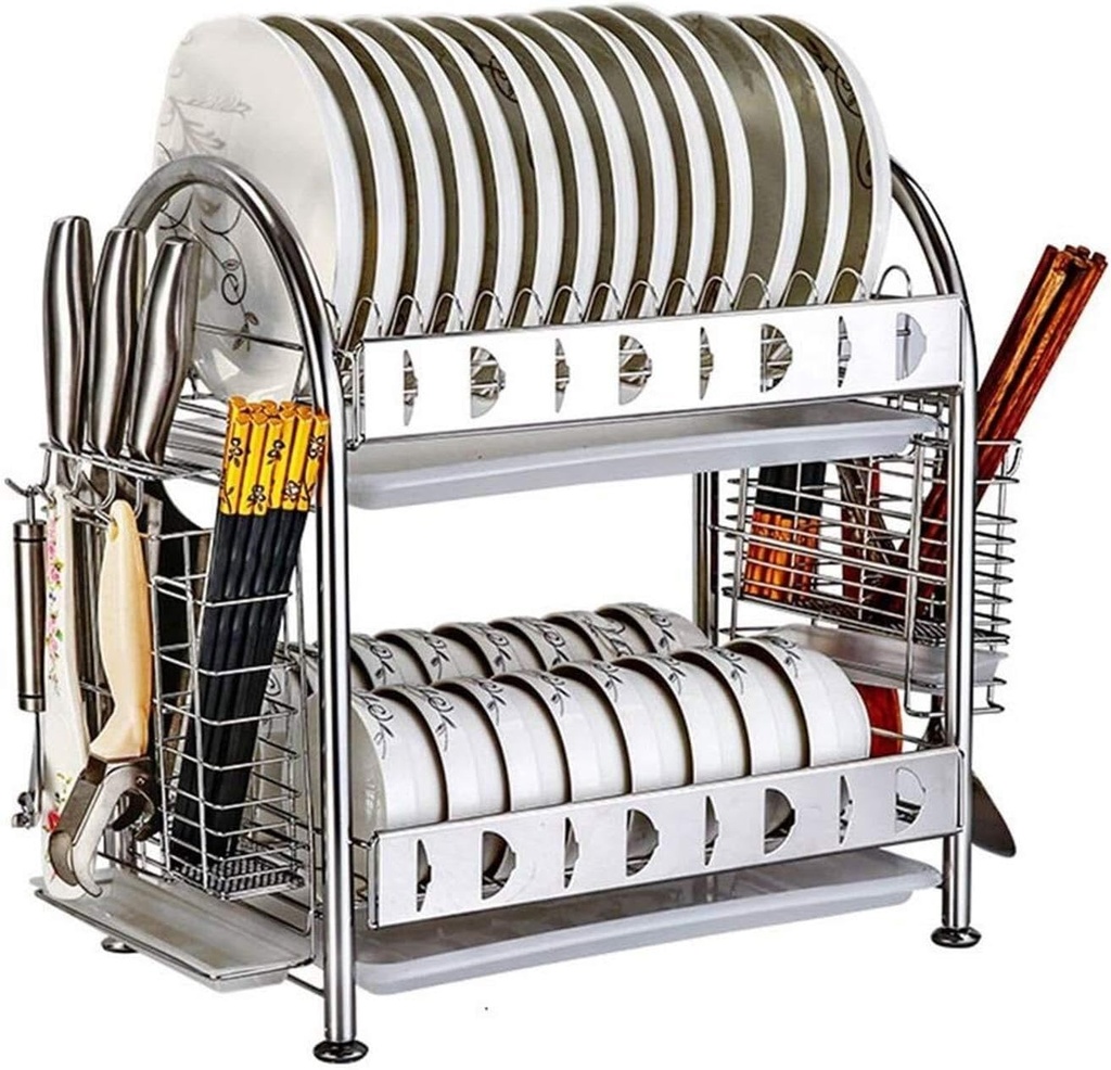 304 Stainless Steel Over Sink Dish Drying Rack with Utensil Holder and Drainboard, Rustproof Kitchen Organizer Drainer for Plates, Bowls & Cutlery