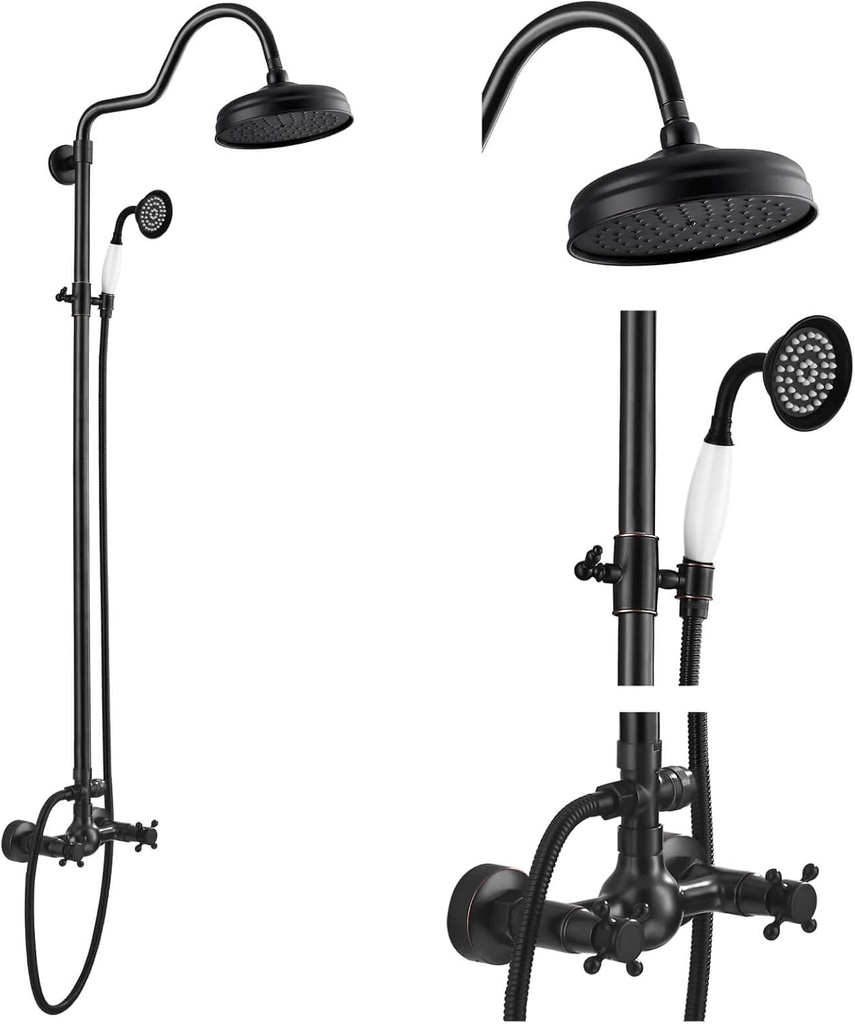 gotonovo Luxury Exposed Shower Faucet Set Bathroom Shower System 8 Inch Wall Mount Rainfall Shower Head with Handheld Spray Cross Double Handle Shower Fixture Adjustable Arc Rod Oil Rubbed Bronze
