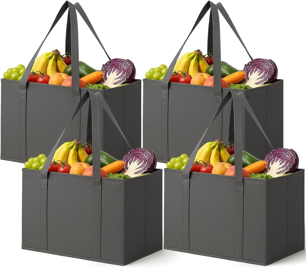 Lifewit Reusable Grocery Bags 4 Packs, Heavy Duty Foldable Shopping Bags with Reinforced Handles, Extra Large Utility Tote Bags Stay Open, Sturdy Standing Carry Box Bag for Kitchen, Car Trunk, Gray