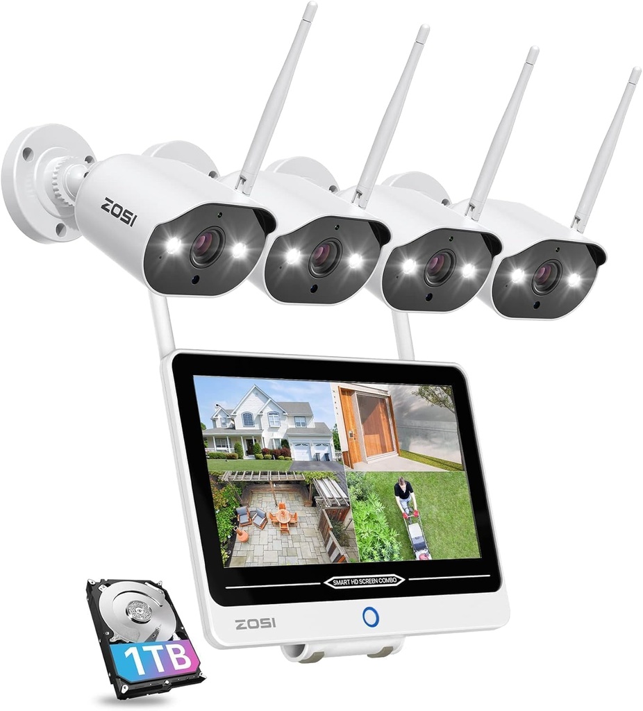 ZOSI 8CH 2K Wi-Fi 6 Security Camera System with 12'' LCD Monitor,4pcs 3MP Plug-in WiFi Cameras Indoor Outdoor,AI Person Detection,Color Night Vision,2 Way Audio,1TB HDD for Home 24/7 Recording
