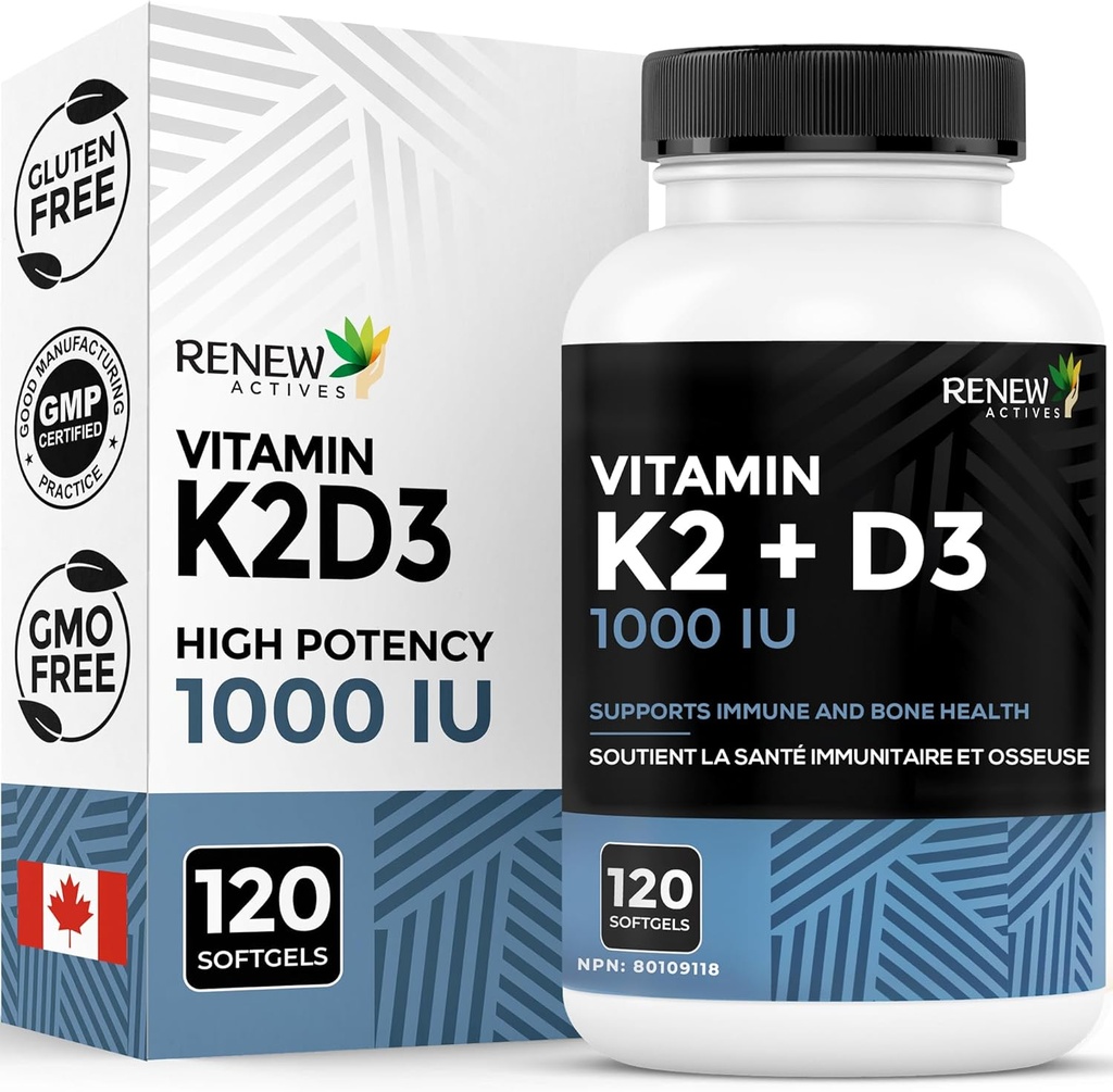 [BRSW2YL7BNYGK3Q2] Renew Actives D3 K2 Supplement with Coconut Oil 1000 IU per Serving- Promotes Immune Function, Bone Health & Teeth, Enhances Calcium Absorption for Optimal Wellness - Made in Canada - 120 Softgels