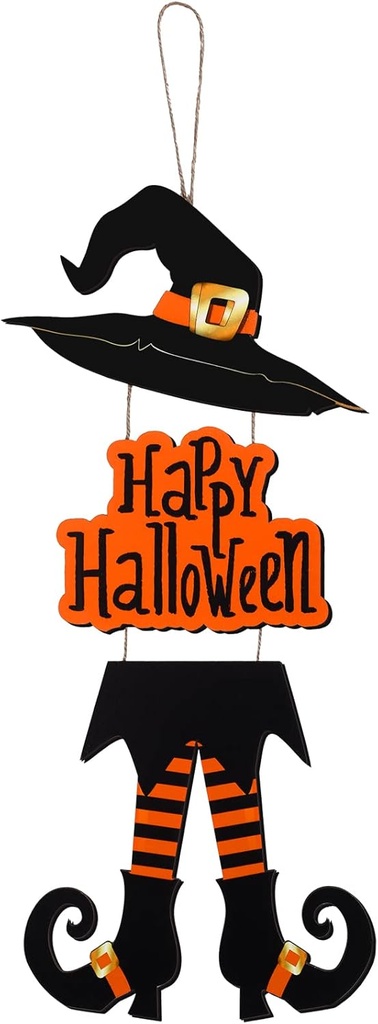 Yerliker Halloween Happy Sign Decoration Witch Legs Hat Hanging Wooden Wall Decor Version Rustic Front Door Hanger Fall Art Ornament for Home Room Indoor Outdoor Holiday Party(Orange)