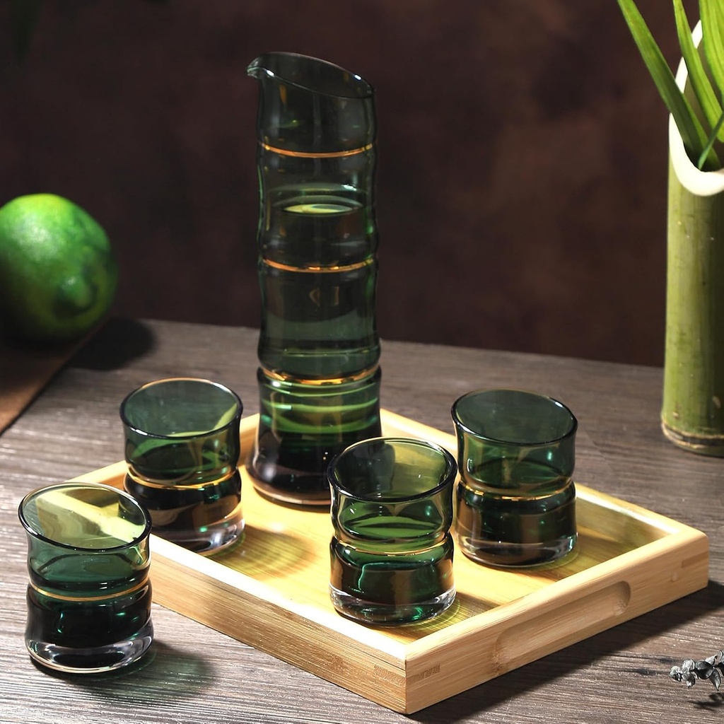 DUJUST Japanese Sake Set for 4, Bamboo Design in Golden Trim, 1 Sake Bottle, 1 Wooden Sake Tray, and 4 Sake Cups, Cold/Warm/Hot Sake Carafe, Special Japanese Gifts Set - 6 pcs (Gradient Green)