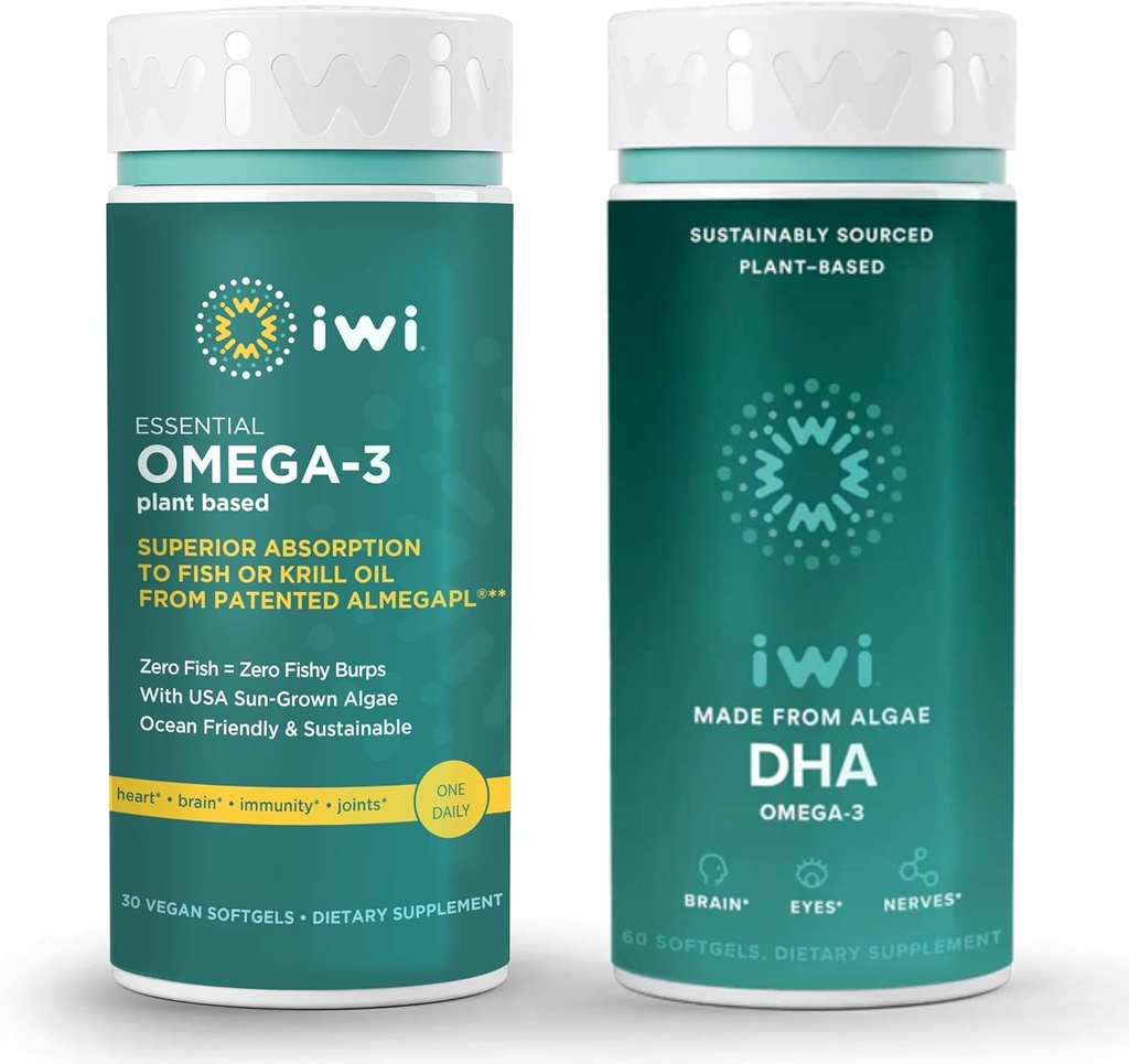 [BRSRAYLRA4BAEFAU] Iwi Omega-3 Essential & DHA Omega-3 Bundle, 30 Servings, Vegan Plant-Based Algae Omega 3, Krill & Fish Oil Alternative, No Fishy Aftertaste