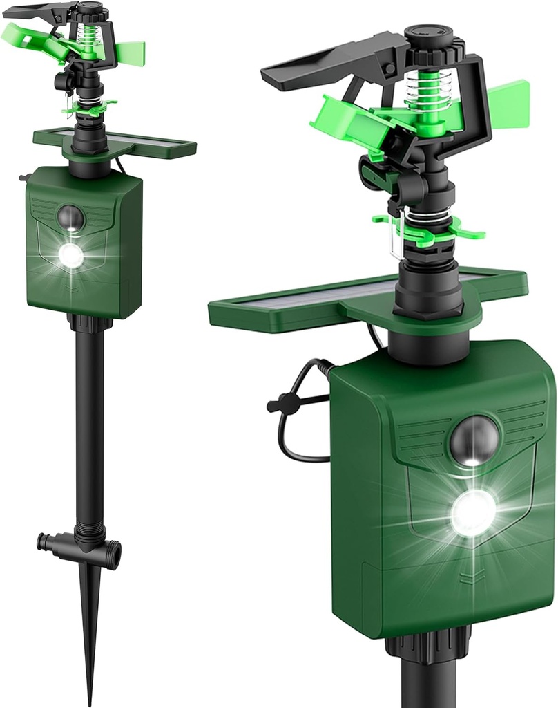 Motion Activated Animal Repeller with Water Sprinkler and Flashing Light, Solar Powerd Deer Cat Repellent Outdoor Deer Deterrent - Keep Rabbits Shunks Dog Raccoons Birds Away from Lawn and Garden