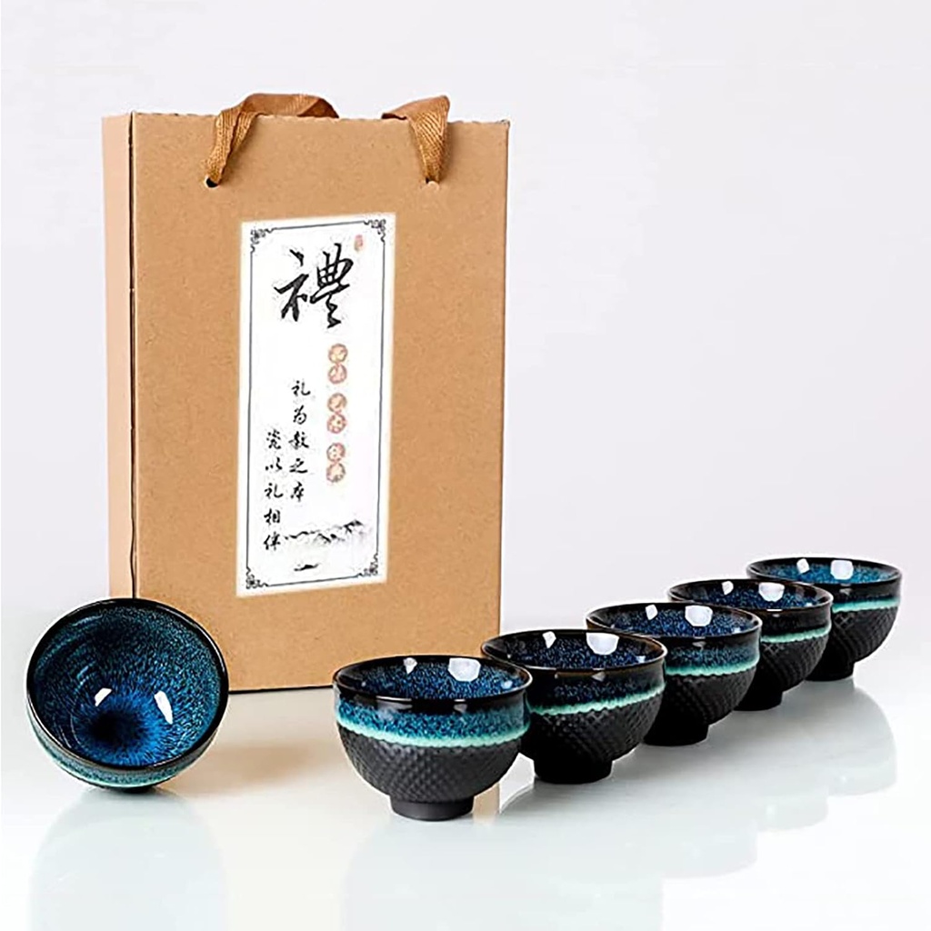 Chinese Ceramic Kung Fu Tea Set of 6, Japanese Tea Cup, Sake Cup, Ceramic Tea Cup, Ceramic Tea Set (blue)