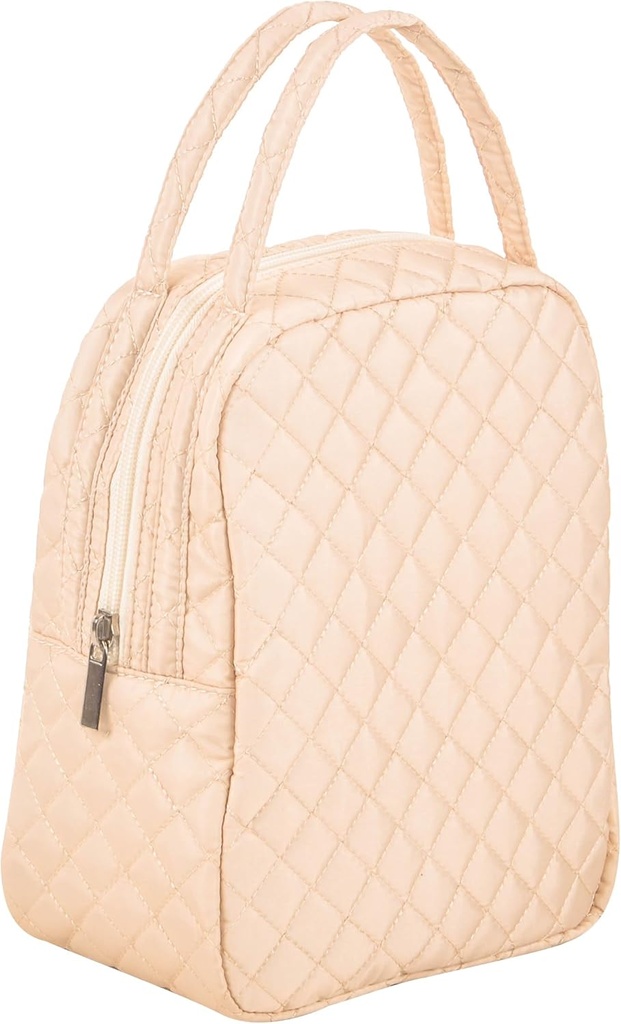 Machine Washable Women Quilted Fabric Insulated Reusable Cooler Lunch Bag Tote Adult Thermal Lunch Box Storage Bag for Ｗork (Beige)