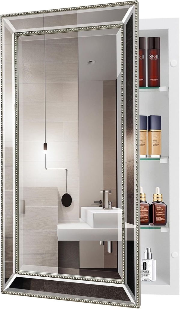 Retro Vintage Bathroom Mirror Medicine Cabinet - 16x26 Inch Wall-Mounted Storage Cabinet with Removal Shelves, Space-Saving Organizer for Bathroom Toiletries