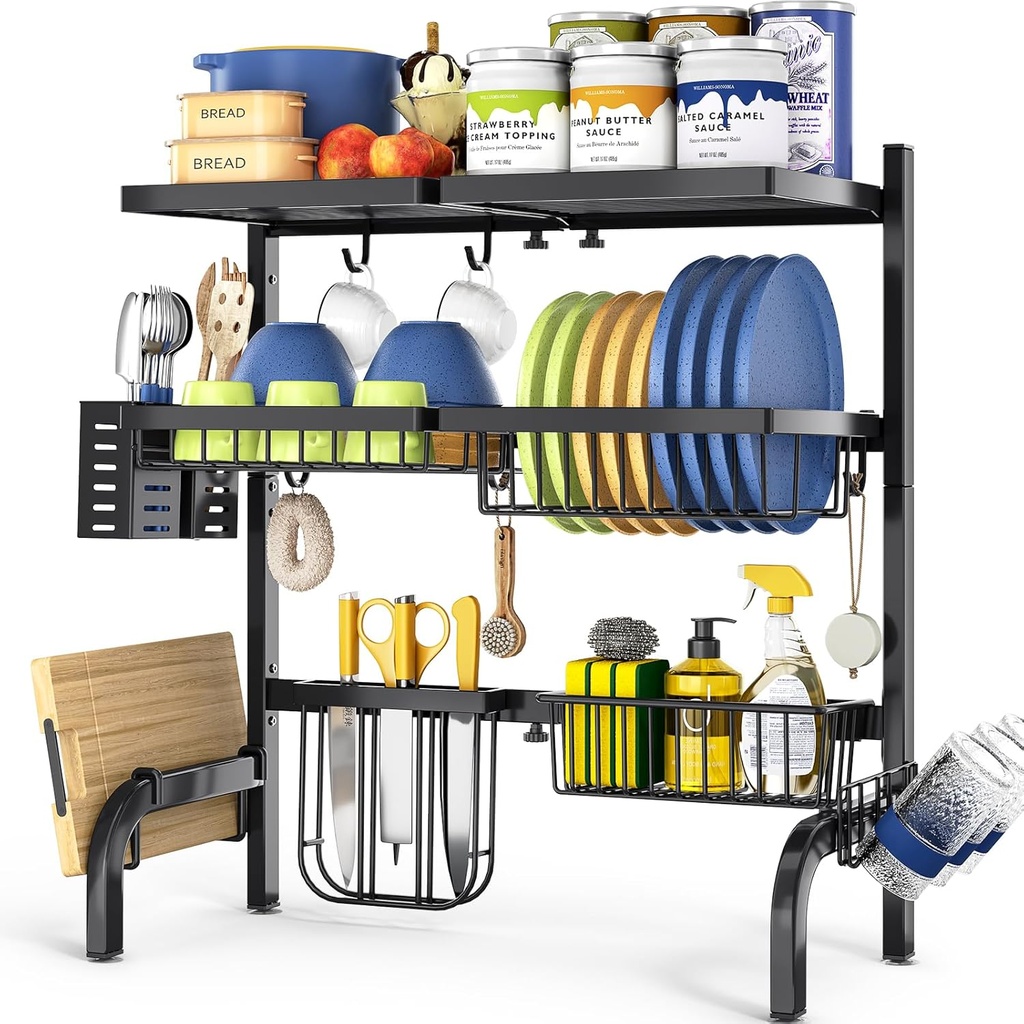 TOOLF Over The Sink Dish Drainer Drying Rack, Adjustable (25.19"-37.4") Over Sink Dish Drying Rack, Extra Large Extendable Dish Rack Above Kitchen Sink, 3 Tier Dishes Strainer with Storage Basket