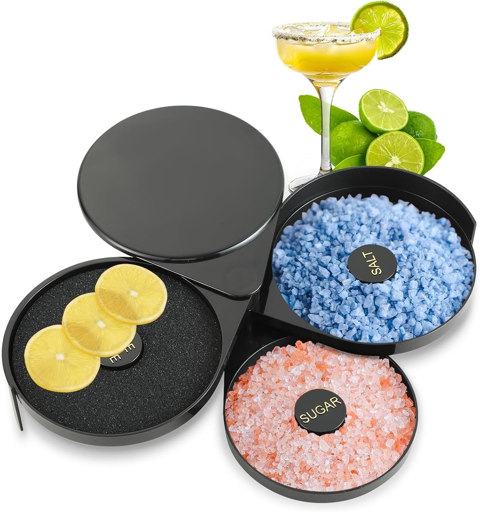 3-Tier Bar Glass Rimmer Bartender Tool, Margarita Salt Rimmer Set, Salt Rimmer for Cocktails, 3-Tray Salt Box Spice Container, Bar Cocktail Tool