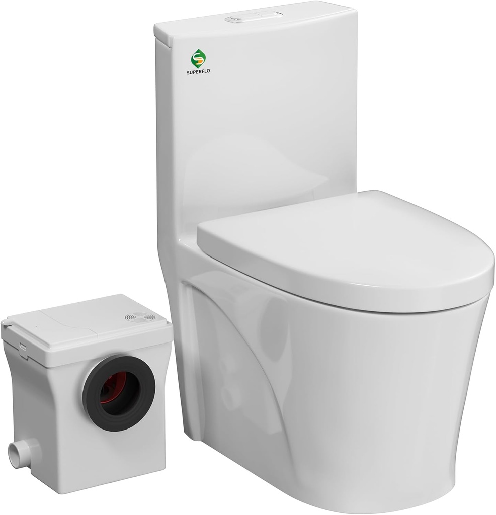 SUPERFLO 600W Macerating Toilet System, Upflush Toilets for Basement with One Piece Toilet Bowl & Soft Close Seat, Macerator Toilets Pump with 3 Inlets for Toilet, Sink & Shower