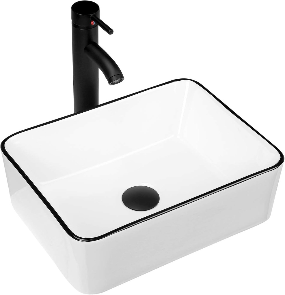 Ceramic Rectangular Bathroom Vessel Sink, 16'' x 12'' Above Counter Porcelain Small Sink with Faucet Combo, White Body with Black Trim on The Top