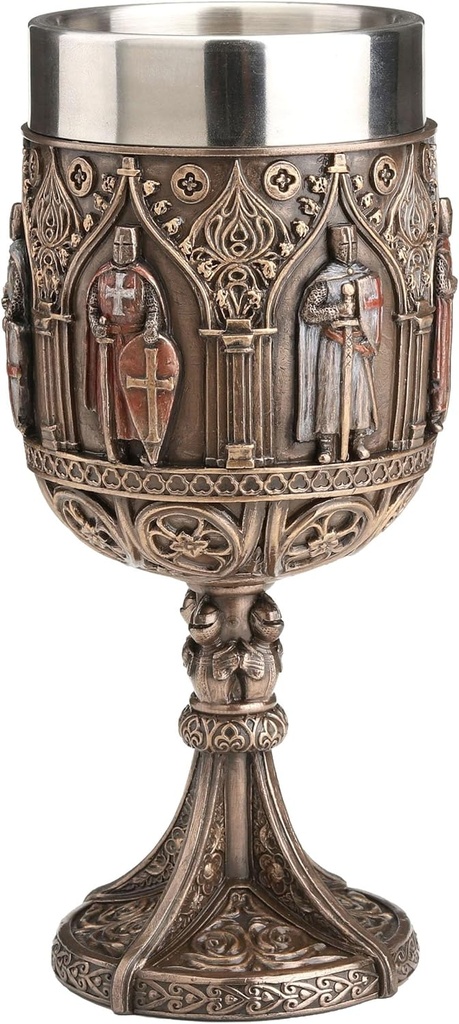 Veronese Design 6 7/8 Inch Medieval Knights Templar Icon Chalice Cup Cold Cast Resin Bronze Finish Stainless Steel Insert