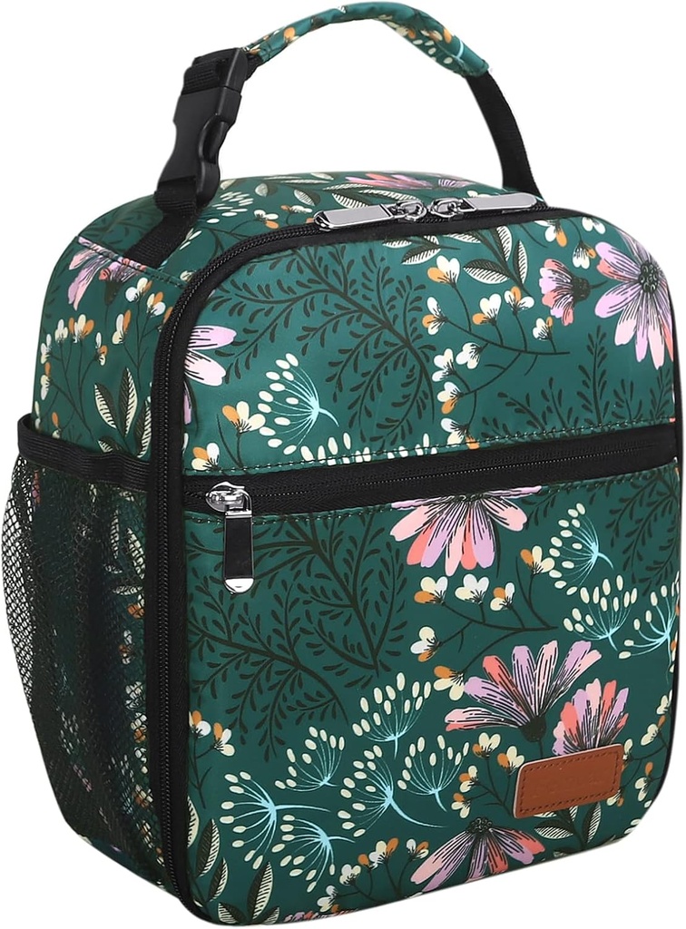 Femuar Lunch Box for Men Women Adults Small Lunch Bag for Office Work Picnic - Reusable Portable Lunchbox, Malachite Green Flower
