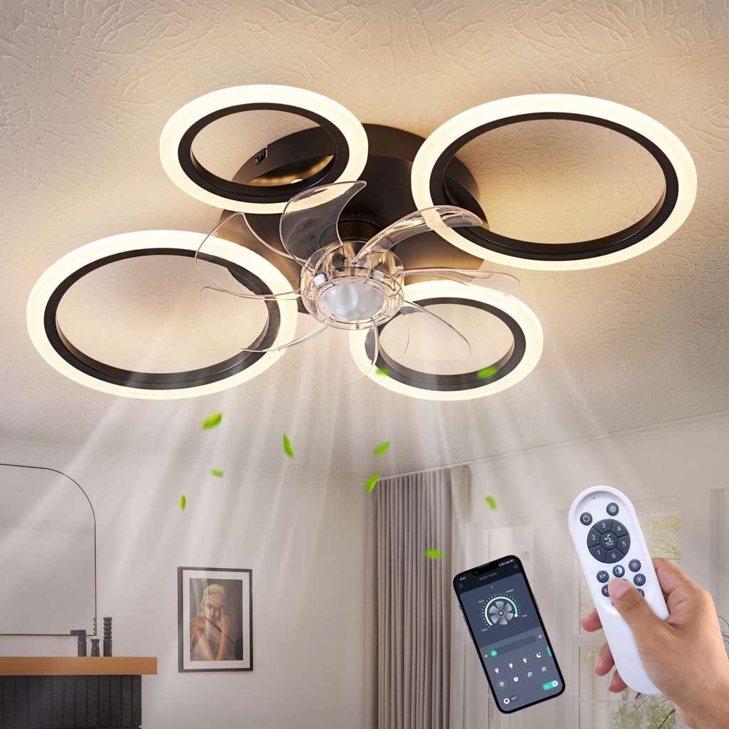 HuixuTe 26" Geometric Ceiling Fan with Lights Remote Control, 3 Colors, 6 Speeds, Bladeless, Low Profile for Kitchen, Bedroom