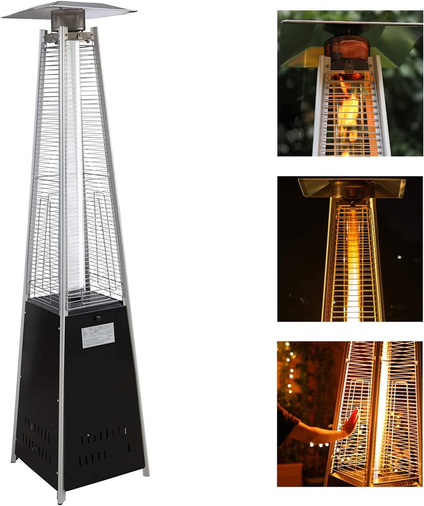 [BRSRMGQFBYIWM237] Outdoor Heater with Wheels Patio Heater Pyramid Deck Tower Patio Heaters for Outdoor Use Flame Glass Tube 42000 BTU Hammered Bronze Propane Natural Gas Tip Resist Safe ETL Black